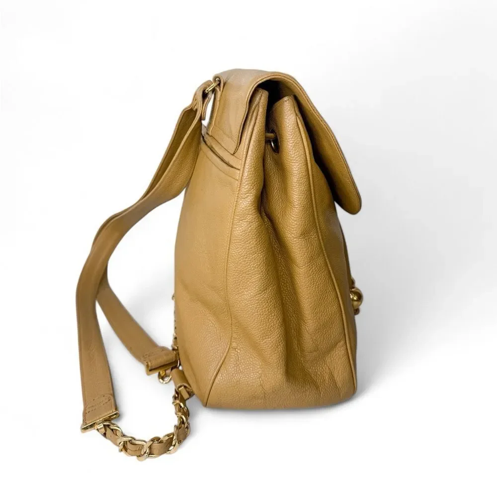 CHANEL Vintage Tan CC Logo Caviar Leather Backpack